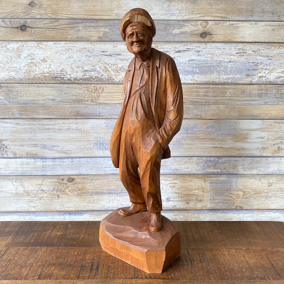 Vintage Folk Art Wood Sculpture: Signed Caron Old Man in Trench
