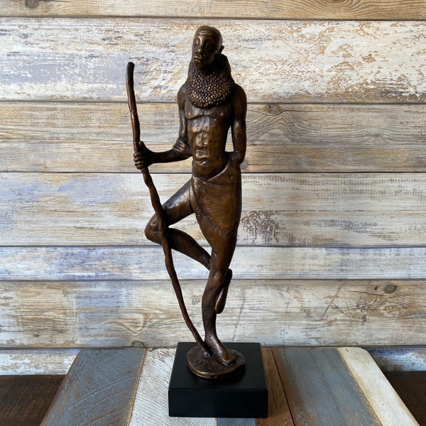 Vintage Bronze African Maasai Warrior Original Sculpture Signed by Artist