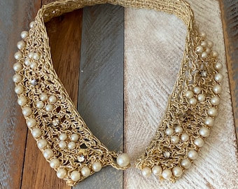 Vintage Mid Century Handmade Crocheted Golden Thread and Faux Pearls Collar Necklace