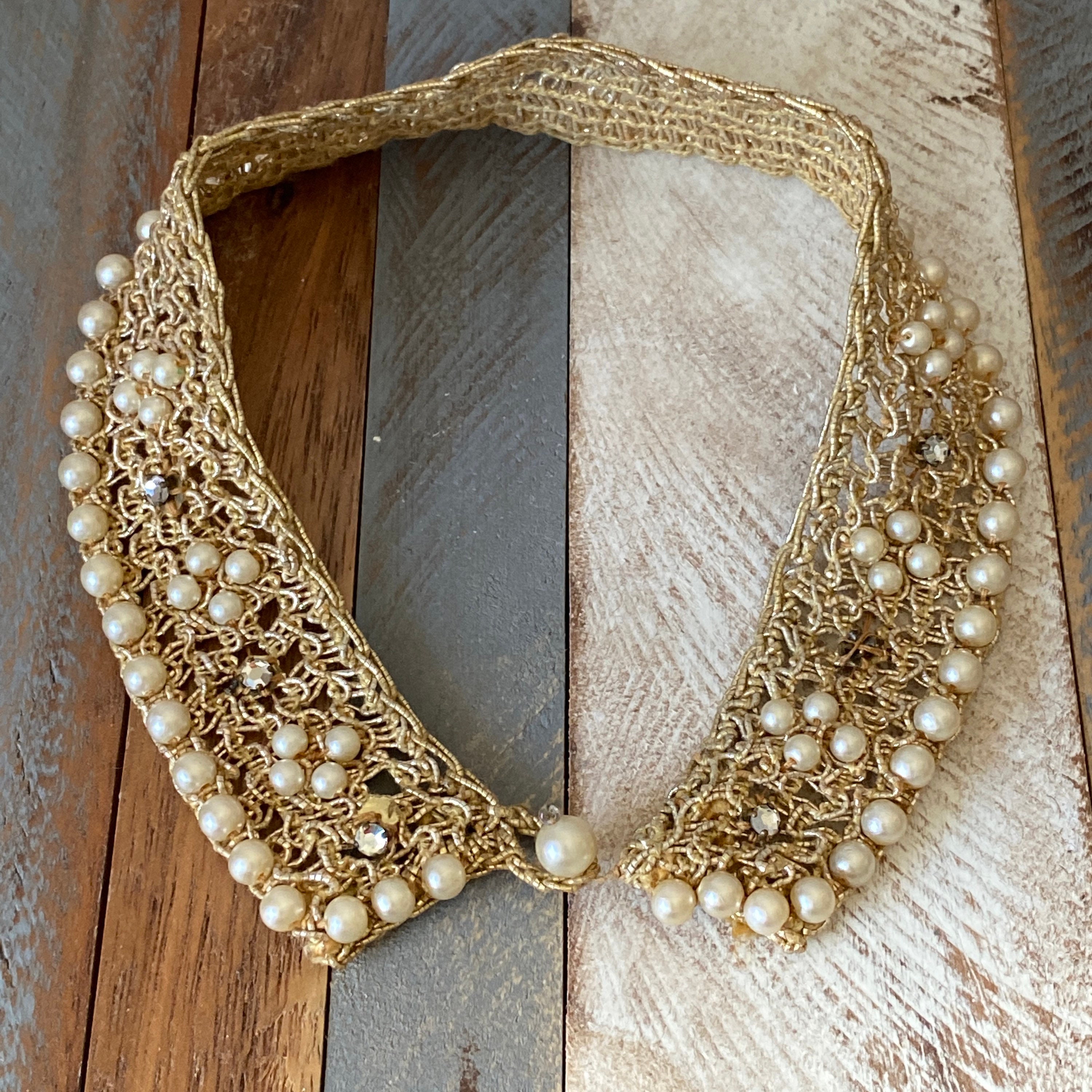 Vintage Mid Century Handmade Crocheted Golden Thread and Faux Pearls Collar Necklace