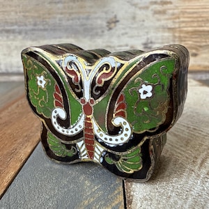 Vintage Antique Chinese Brass and Cloisonné Enamel Butterfly Pill Box Green and Black