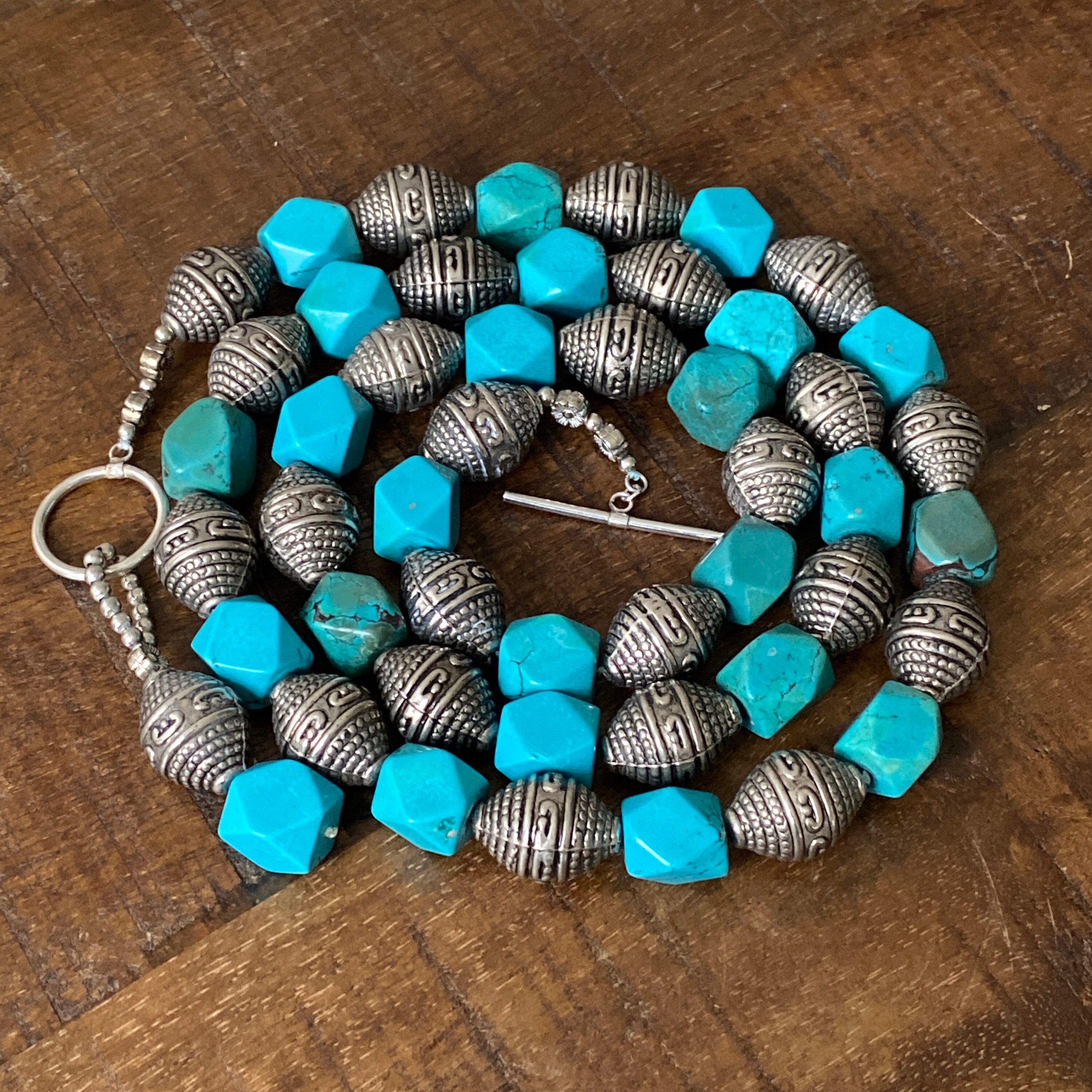 Collier Ancien Turquoise Verte Et Bleu Sur Argent Massif 925 - Occasion, Bon état