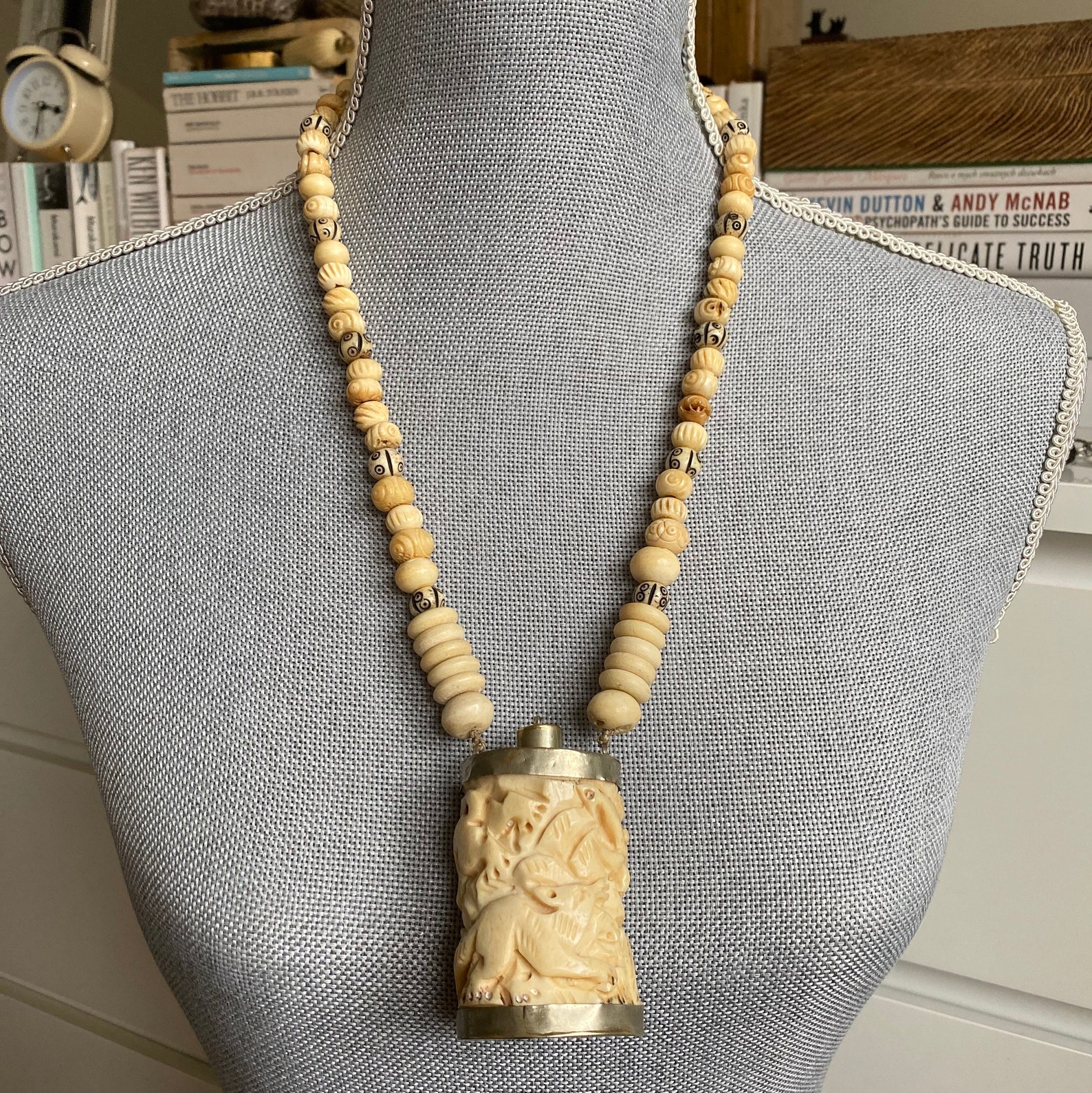 Antique Carved Bone Beads and Snuff Bottle Necklace Chunky - Etsy