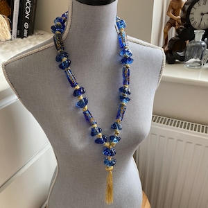 Vintage Giant Blue and Gold Glass Beads Preyer Necklace