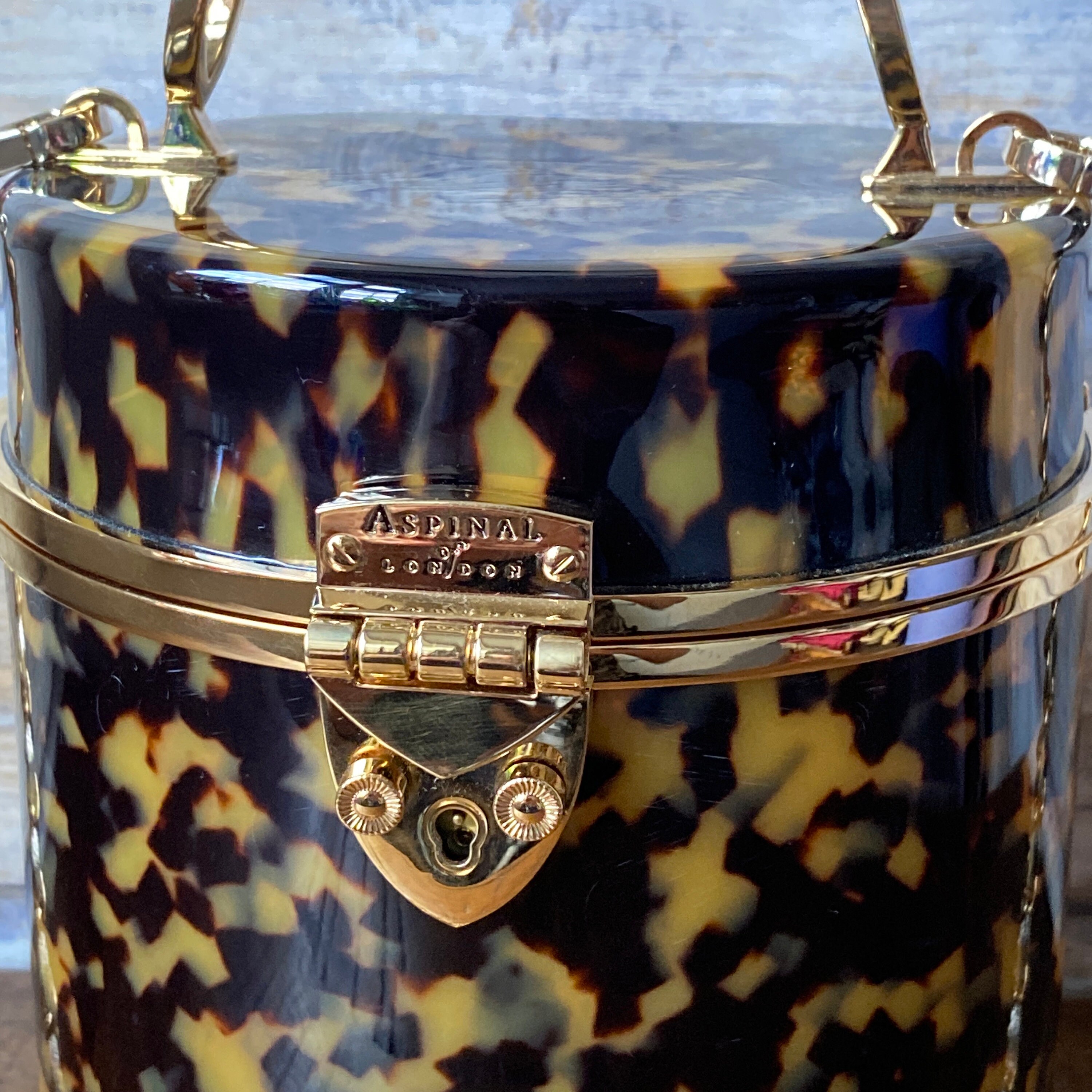 Beautiful ASPINAL of London Pandora Bucket Bag Spotted Plexiglass Gold Toned Metalware