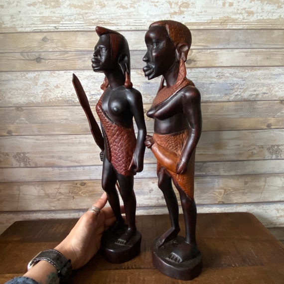 Vintage Authentic African Folk Art Masai Warriors Pair of Wooden