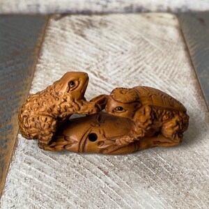 Op de afbeelding: Een handgesneden houten sculptuur van een kikker en een schildpad. De kikker zit bovenop de schildpad, en beide dieren zijn ingewikkeld gedetailleerd.