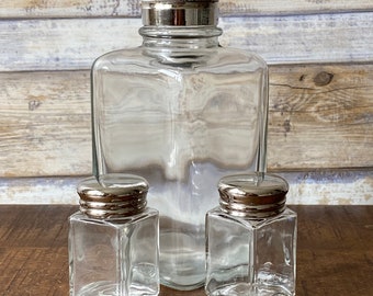 Vintage Set of Three Glass Apothecary Jars Containers with Silver Plated Screw on Tops