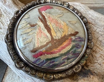 Vintage 1960s Hand Stitched Embroidery Round Brooch with Sailing Boat