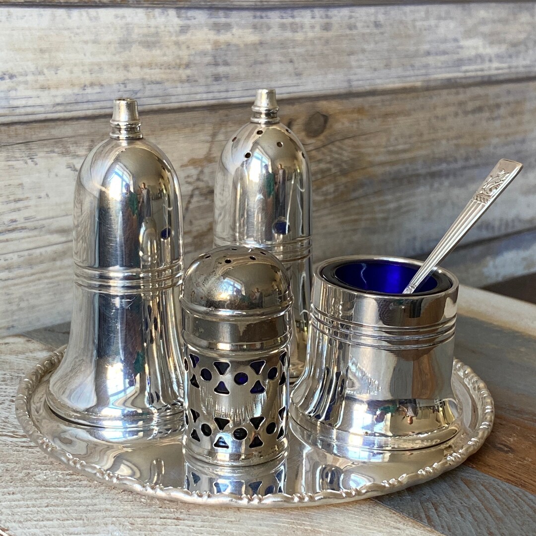 Vintage Angora Silver Plated Blue Glass Cruet Condiment Set Made in