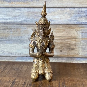 Vintage Thai Silver and Brass Praying Thepanom Guardian Angel Buddha Figurine