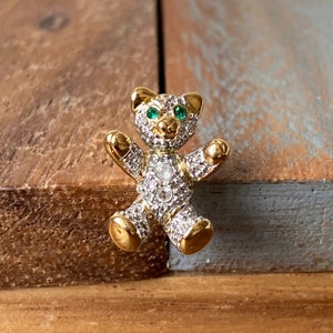 Vintage Gold Toned Small Teddy Bear Pin Brooch Rhinestones Green Eyes