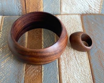 Vintage Natural Wooden Jewellery Set Bangle and Ring Chunky Boho