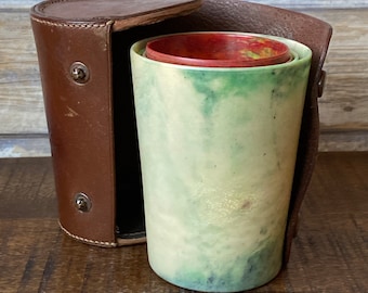 Vintage 1930s Bandalasta Ware Marbled Bakelite Nesting Tumblers with Leather Case