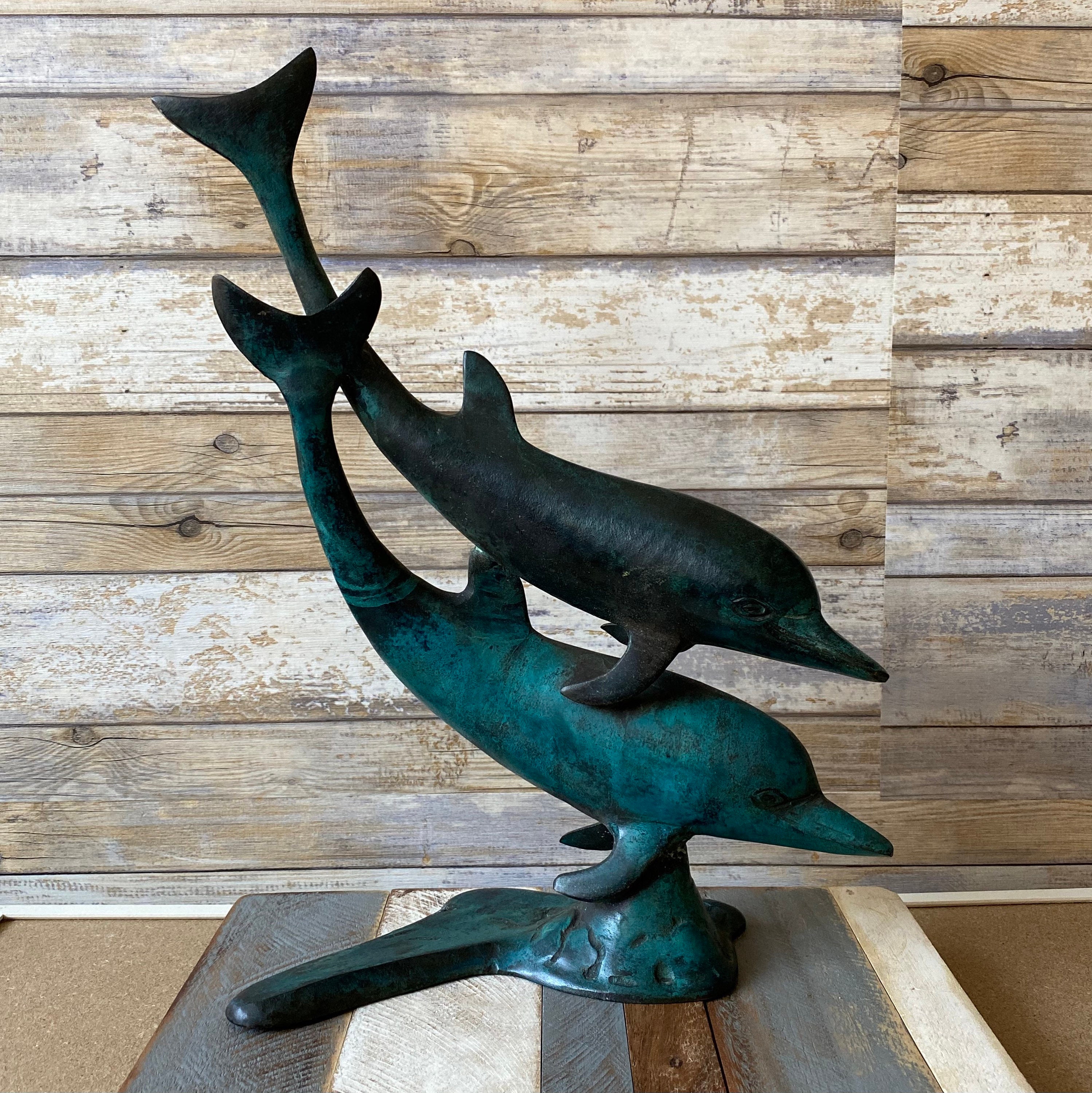 1930s Vintage Large Bronze Ornamental Dolphins Sculpture Marine