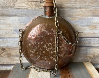 Antique Large Round Copper Water Canteen with Metal Chain and Wooden Stoper