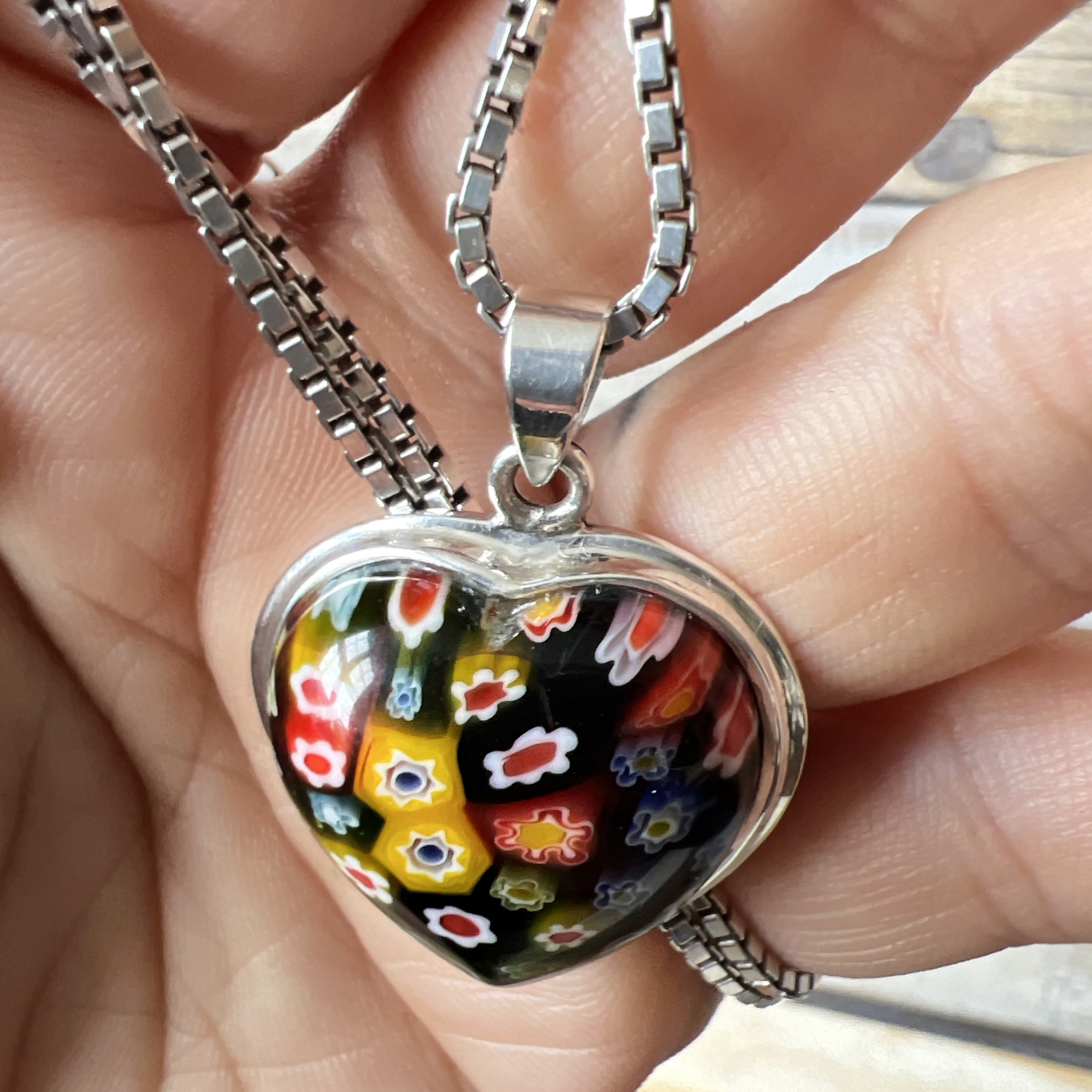 【Numbering】関税/送料込み Volume Heart Pendant Necklace Vintage Sterling Silver Murano Glass Millefiori Heart