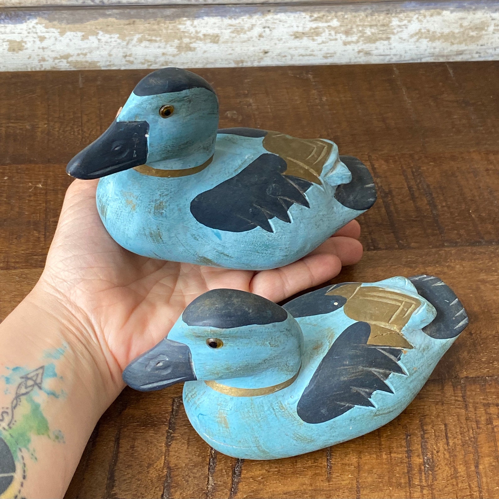 Vintage Pair of Blue Hand Painted Wooden Ducks Ornaments Etsy