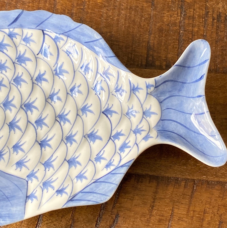 Vintage Ceramic Fish Plate Blue and White Hand Painted Etsy UK