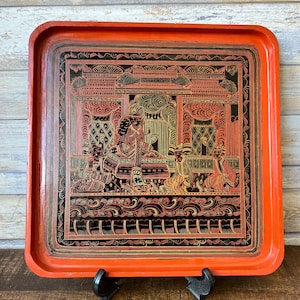 Antique 19th Century Burmese Lacquer Large Square Serving Tray Incised Palace Scene
