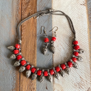 Vintage Indian Silver and Red Glass Trade Beads Jewellery Set