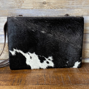 Vintage Genuine Cow Skin Leather Cowhide Rectangular Body Cross Bag Black and White