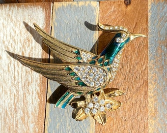 Vintage Enamel Zirconias Gold Toned Peacock Brooch