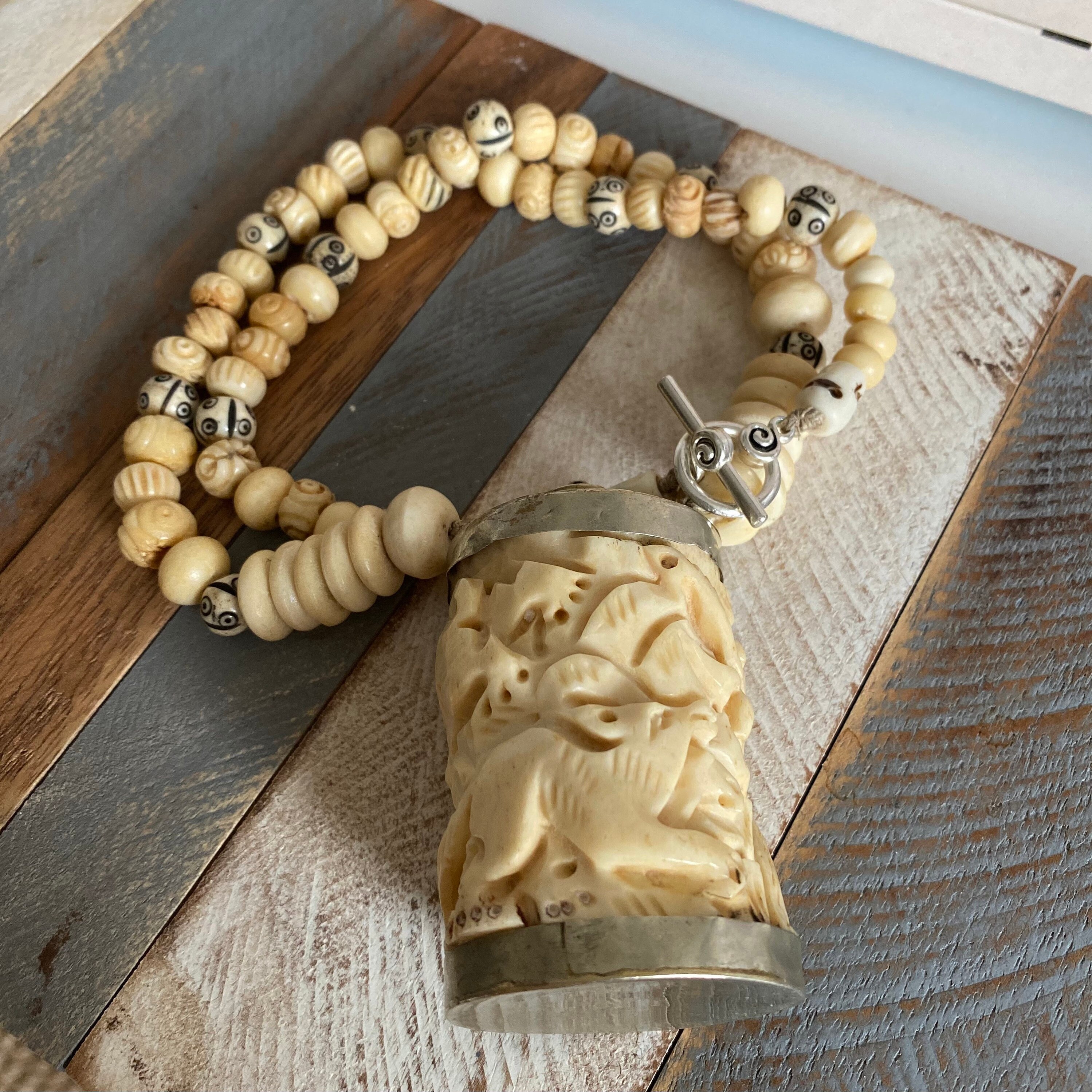 Antique Carved Bone Beads and Snuff Bottle Necklace Chunky Etsy