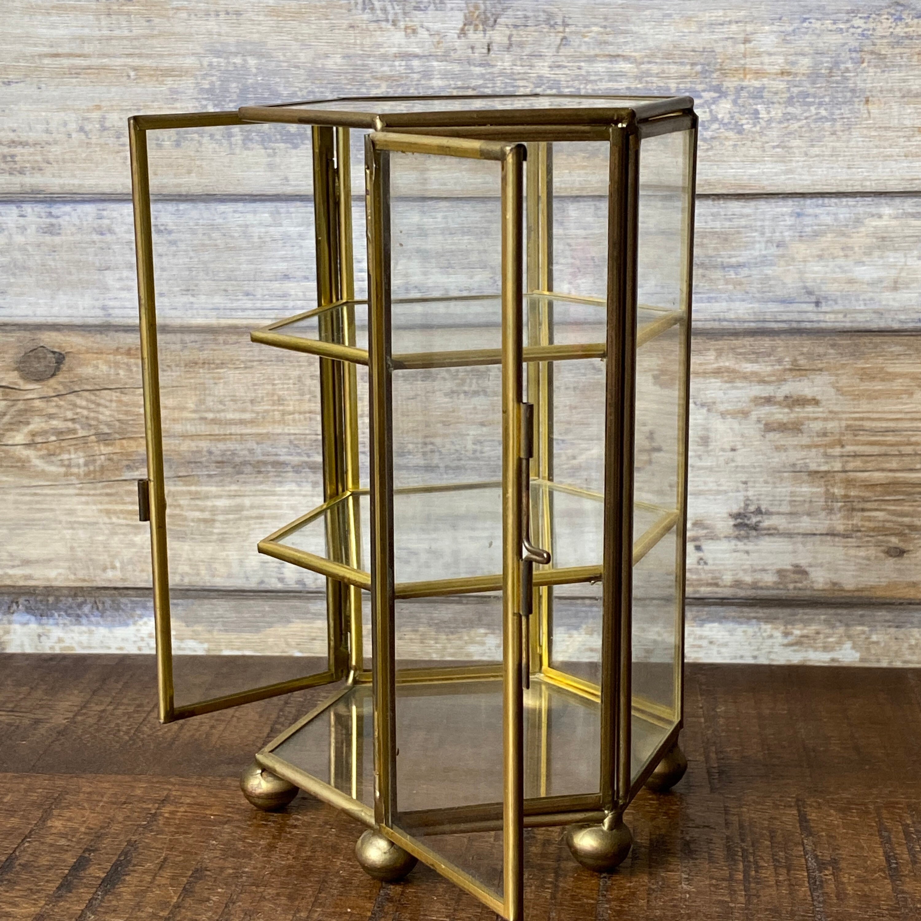 Vintage Miniature Display Hexagonal Glass and Brass Etsy