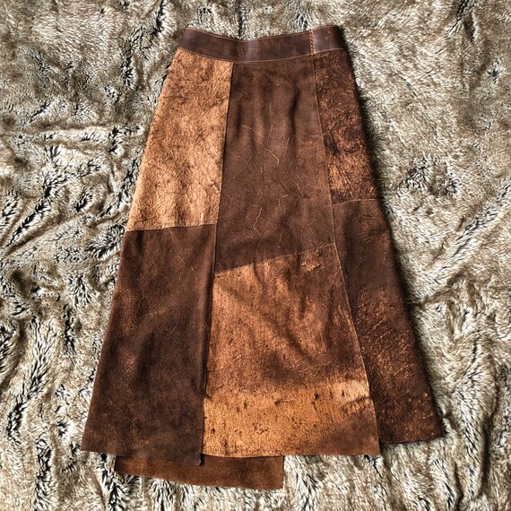 Vintage Real Brown Cow Leather Long Wrap Skirt Mi… - image 3