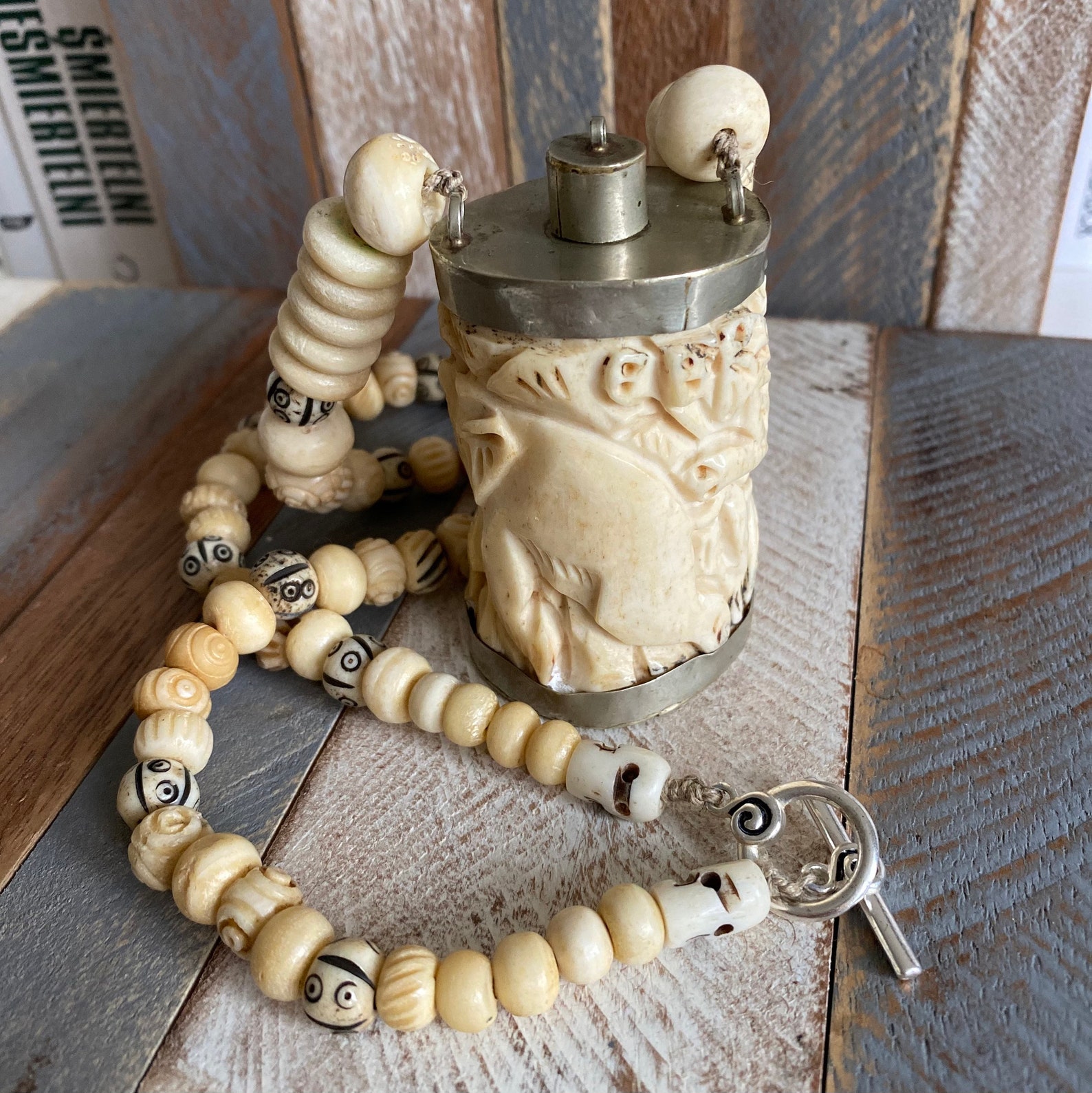 Antique Carved Bone Beads and Snuff Bottle Necklace Chunky Etsy