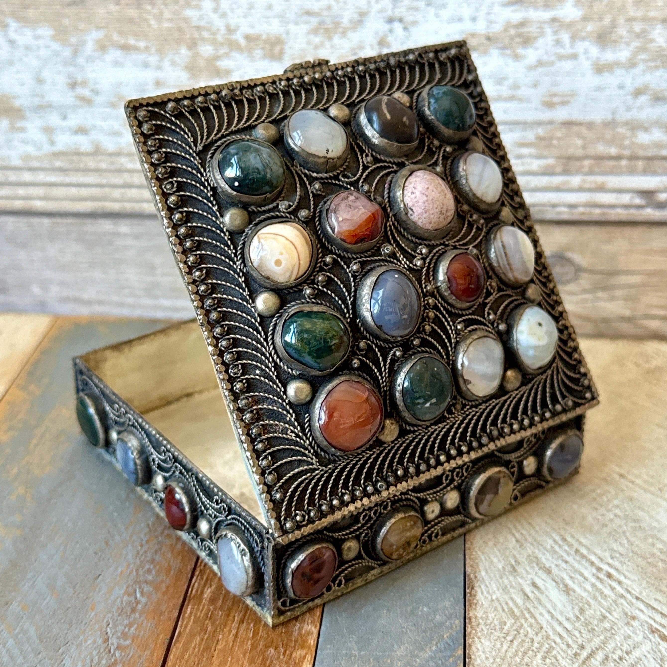 Antique Tibetan Silver Toned Metal Jewellery Box with Semiprecious Colourful Stones