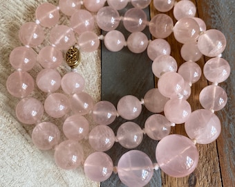 Vintage Pink Rose Quartz Graduated Beads Necklace Long Hallmarked