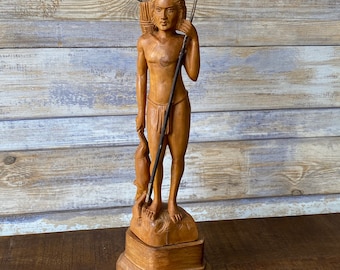 Vintage madera indígena cazador indio con estatua de oración escultura