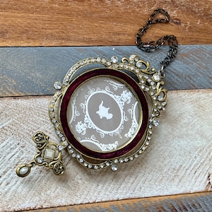 Vintage Small Round Enamelled Brass Bejewelled Picture Frame with Hanging Chain