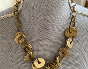 Vintage Chunky Brass Necklace Chain and Discs Heavy Statement Jewellery