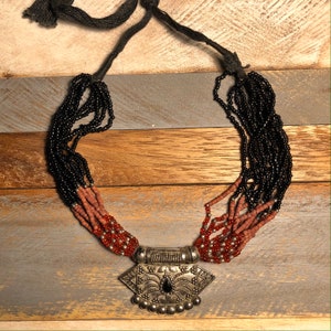 Vintage Indian Multi Strand Glass Beads and Silver toned Pendant Necklace