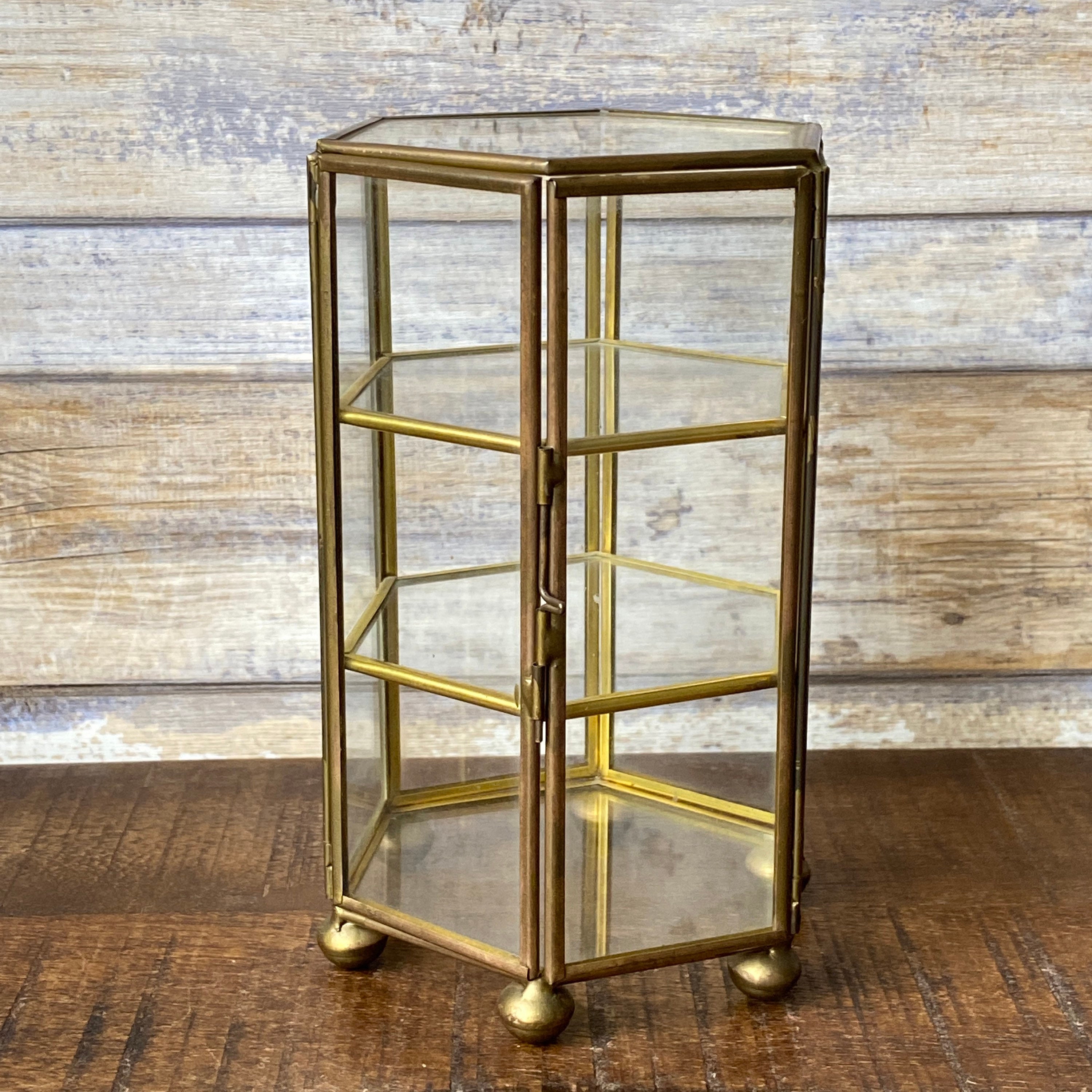 Vintage Miniature Display Hexagonal Glass and Brass Etsy