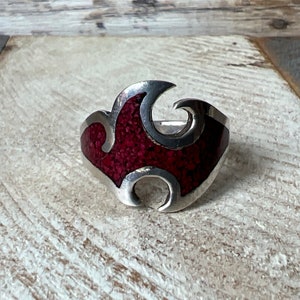 Vintage Handgemachte Sterling Silber und Rote Koralle Flammen Ring Große Größe