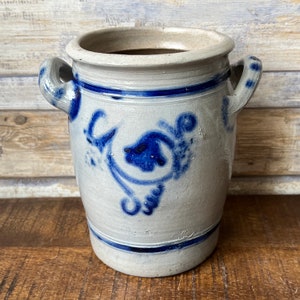 Antique 19th Century German Westrwald Salt Glazed Stoneware Crock with Floral Motif