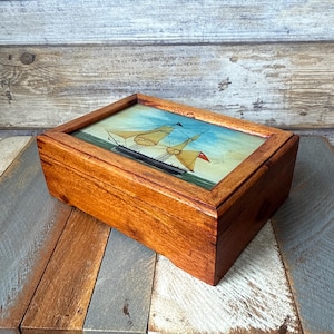 Antique Handmade and Hand Painted Wooden Box with Sailing Clipper Ship on Glass Lid