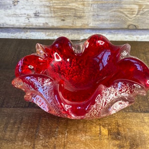 Vintage Venetian Murano Red and Silver Flecks Art Glass Flower Bowl Ashtray Handmade 1960s