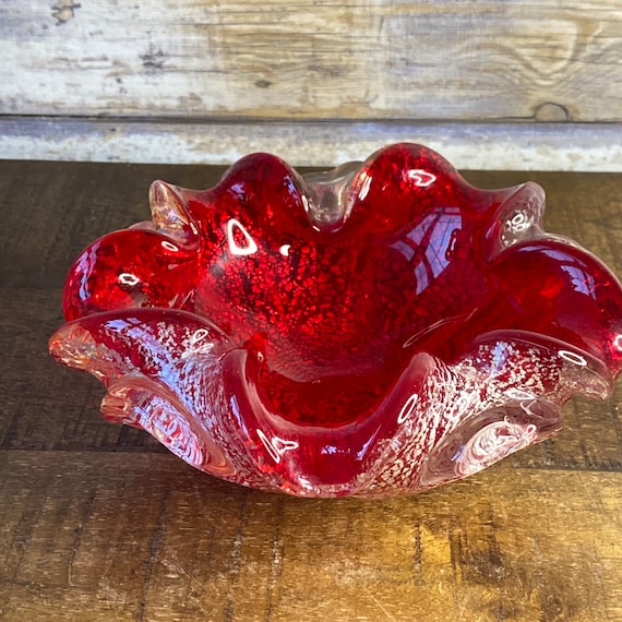 Vintage Venetian Murano Red and Silver Flecks Art Glass Flower