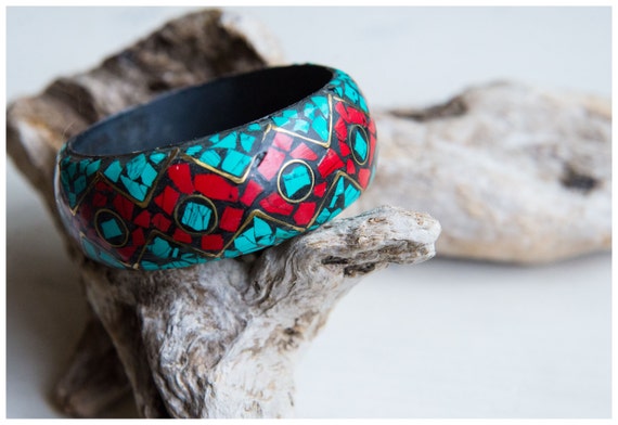 Turquoise and Coral American Navajo Wide Bangle - Etsy