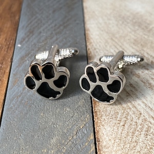 Scatola originale per gemelli con zampe di cane in smalto nero e argento vintage