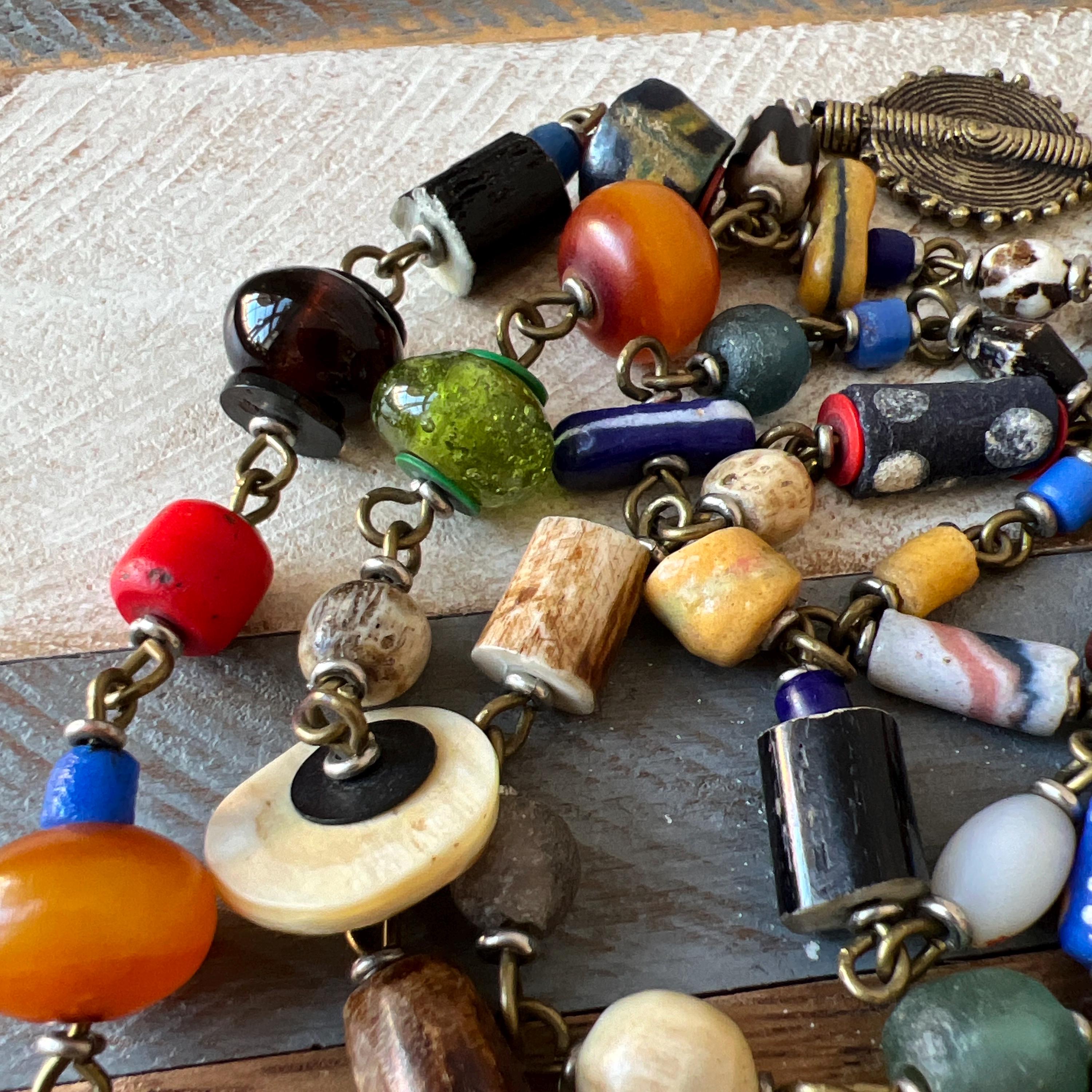 Vintage Handmade African Trade Beads and Brass Multicoloured Long