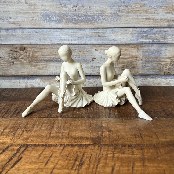 Vintage White Ceramic Set of Two Sitting Ballerinas Figurines
