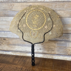 Antique Indonesian Shadow Theatre Buffalo Hide Screen Fan Decorated with Gold
