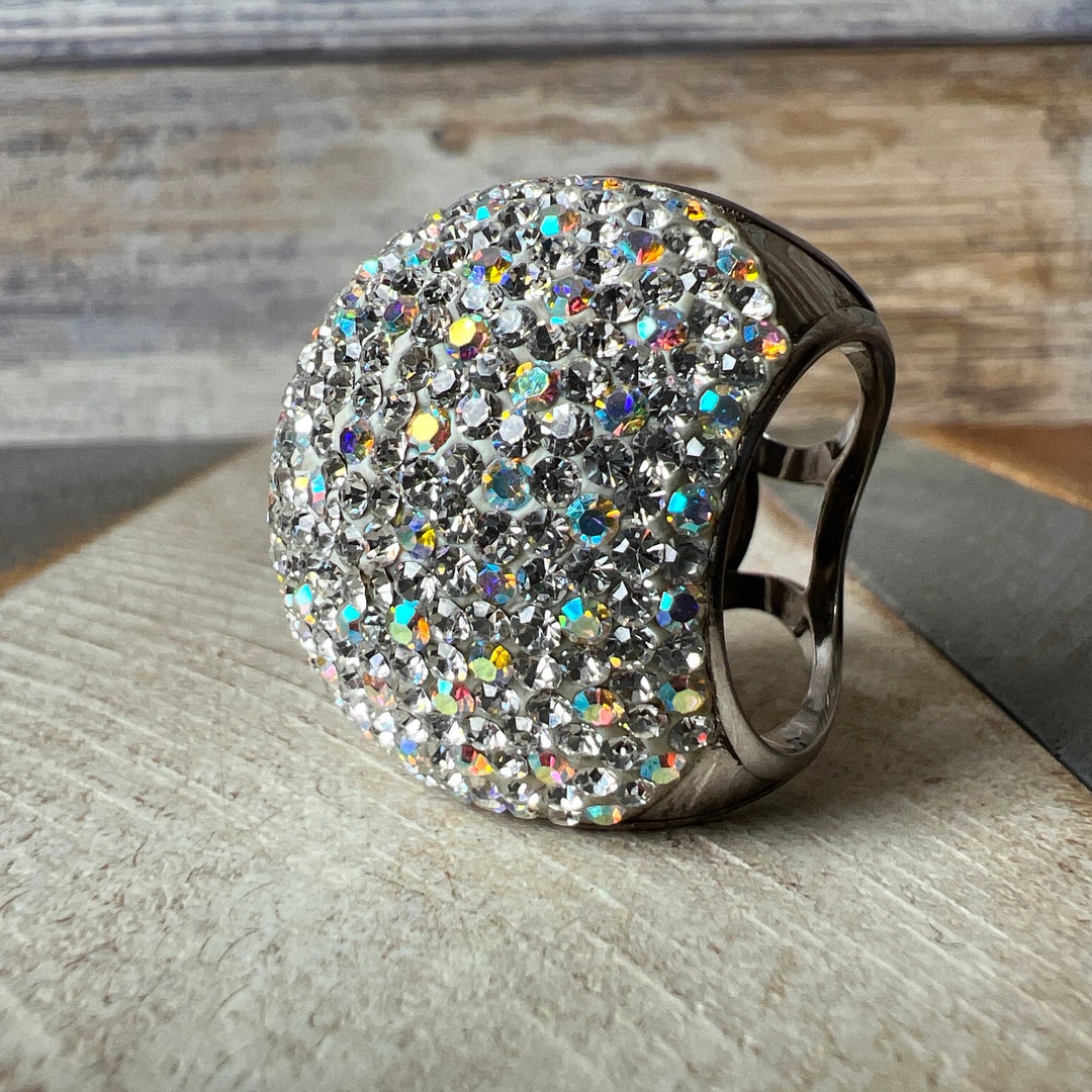Vintage Handmade Chunky Sterling Silver Dome Ring With Iridescent Shiny ...