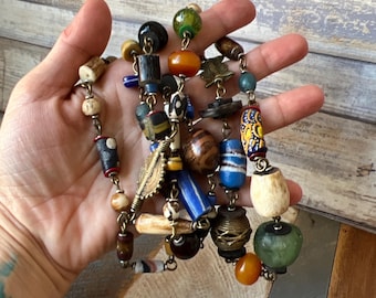 Vintage Handmade African Trade Beads and Brass Multicoloured Long